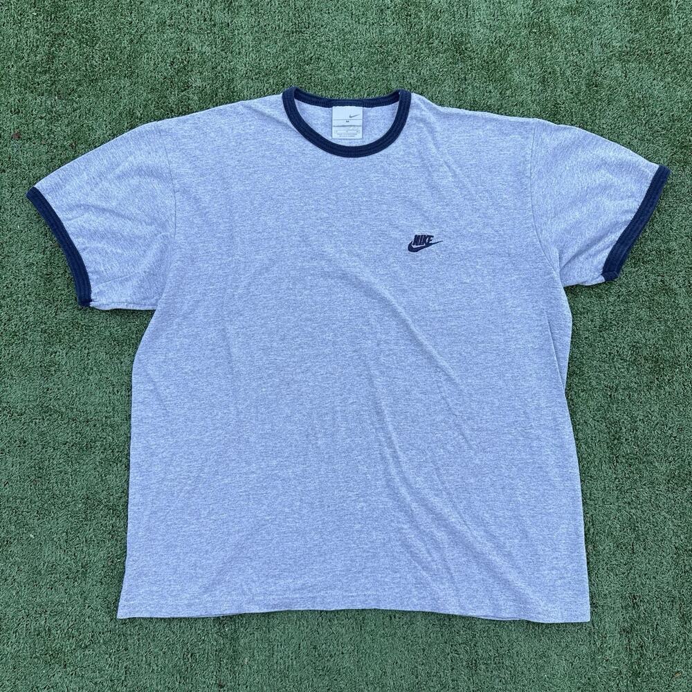Y2K Nike Men's Gray Ringer T-Shirt Embroidered Swoosh Logo Size Medium